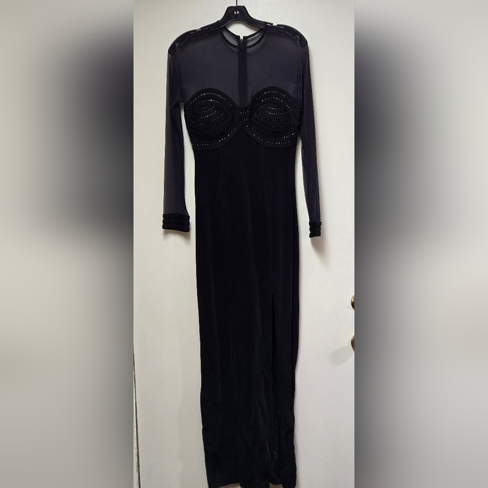VTG Tadashi Elegant Black  Long Sleeve Dress with Mesh and Beading